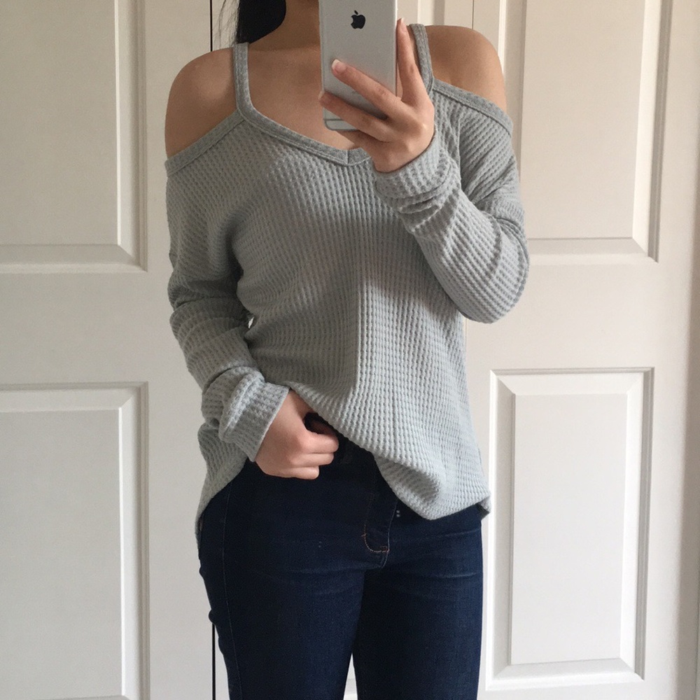 LIV - Light Blue Waffle Material Shoulder Cutout Top Blouse - Picture 1 of 7